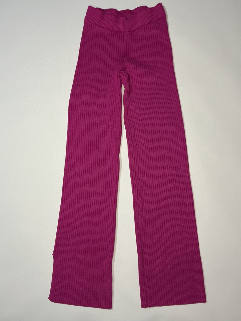 Women's Fuchsia Pink Ribbed Knit Pants - Flare Leg High Waisted Lounge Trousers